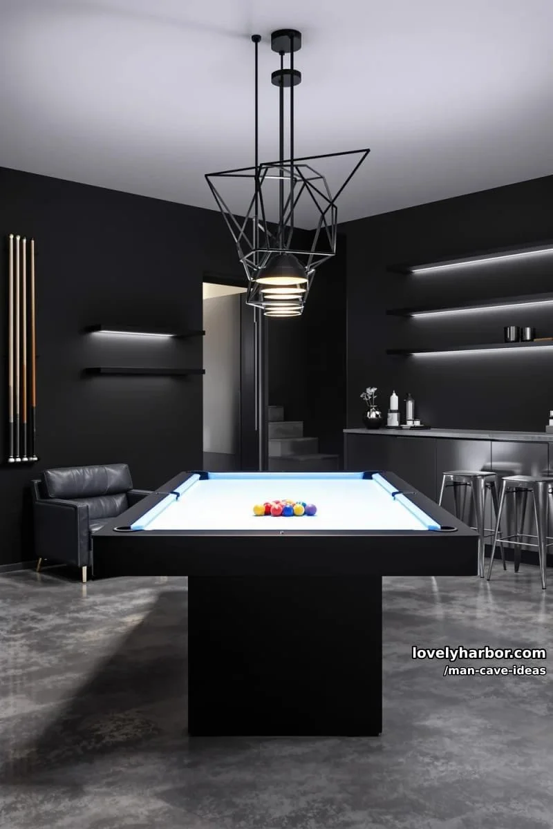 5. Zona moderna de billar con mesa iluminada y repisas flotantes - photo 2