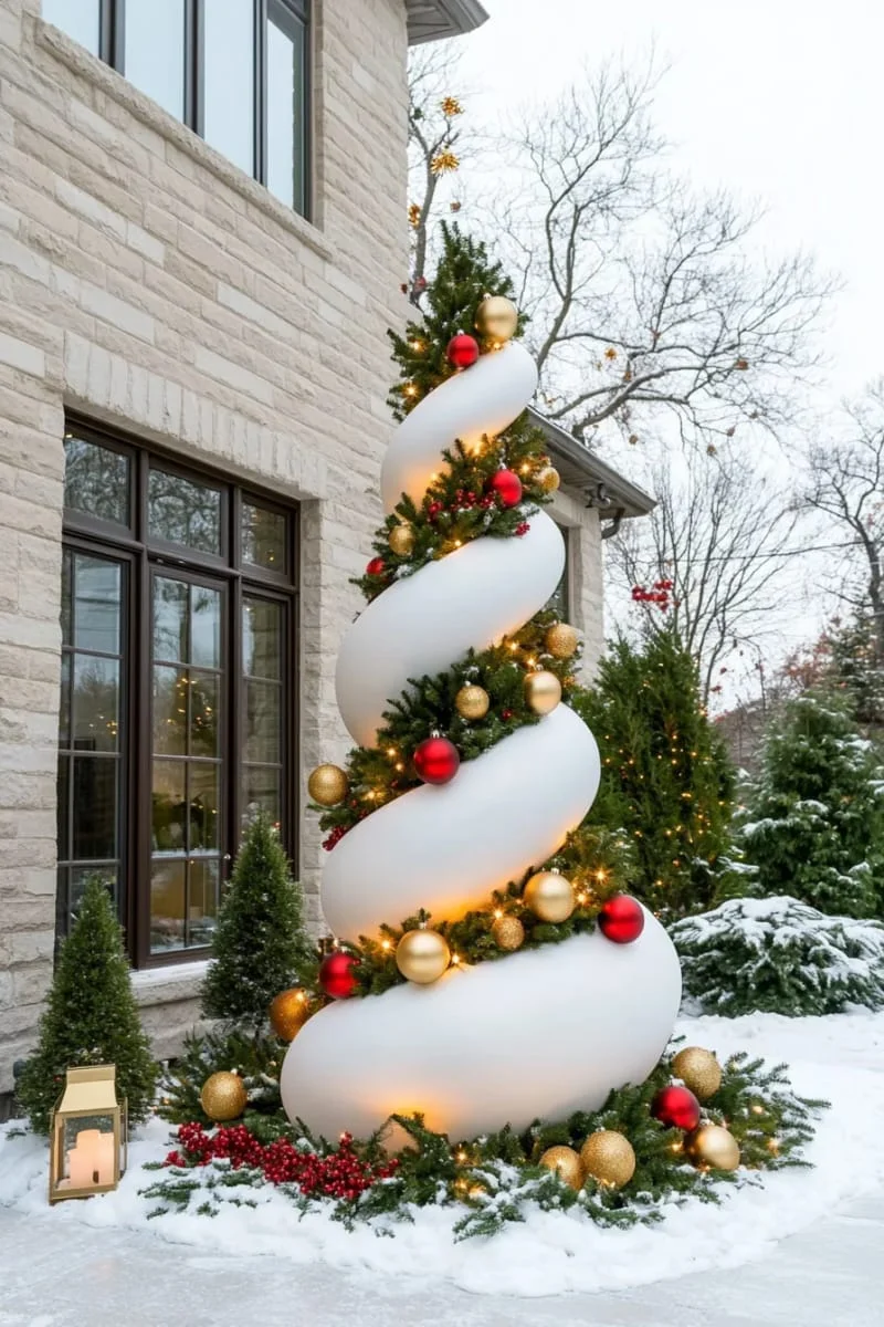 3. Árbol espiral blanco con luces cascada en el jardín