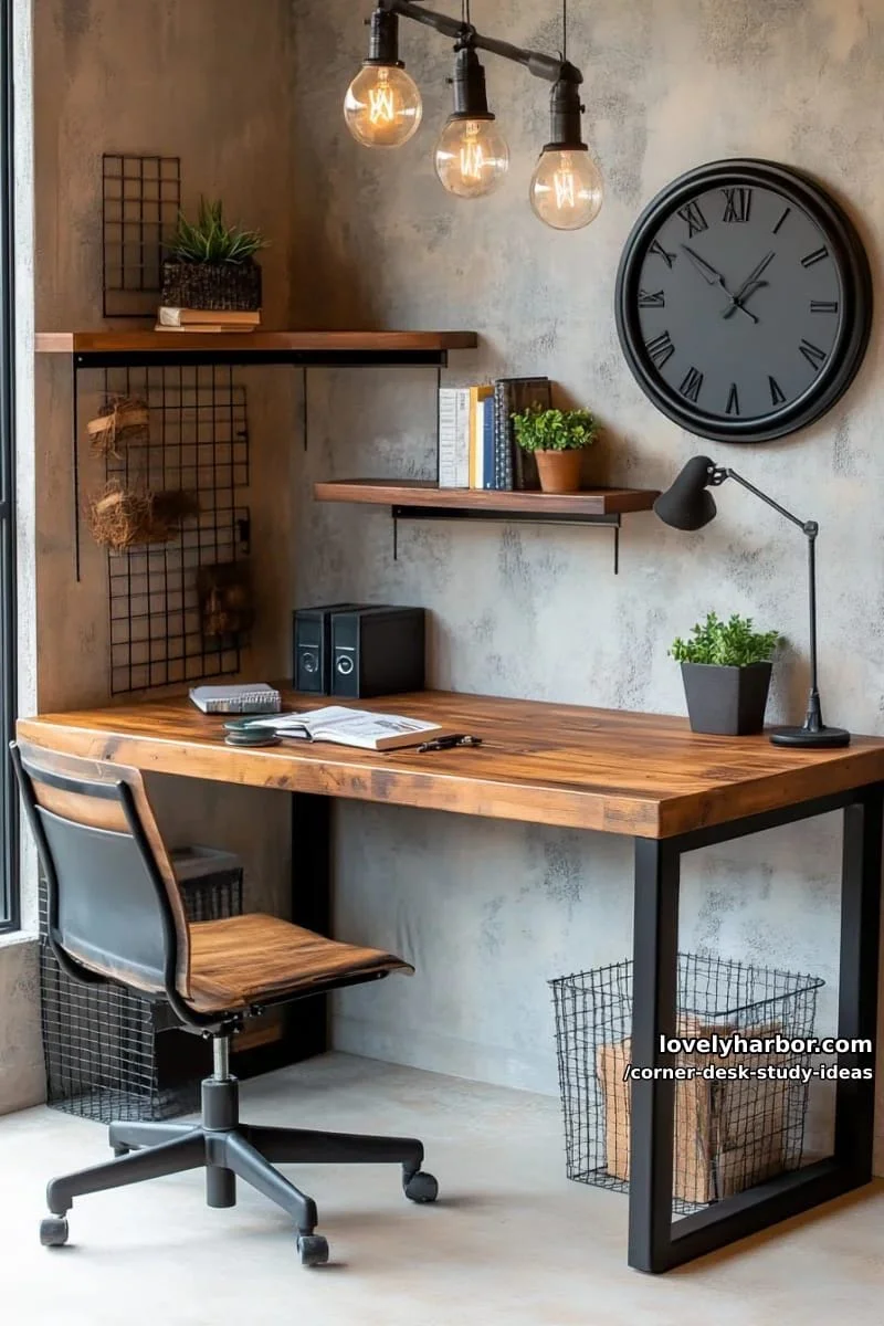 14. 14. Escritorio de esquina industrial con tubos metálicos, madera reciclada y focos Edison