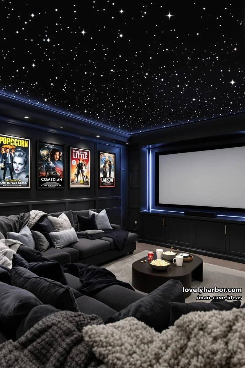 11. Cine en el sótano con sofás escalonados y techo estrellado