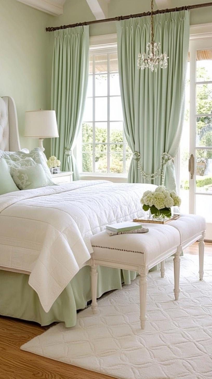 11. French Country Bedroom with Sage Green Toile and Whitewashed Wood - photo 2