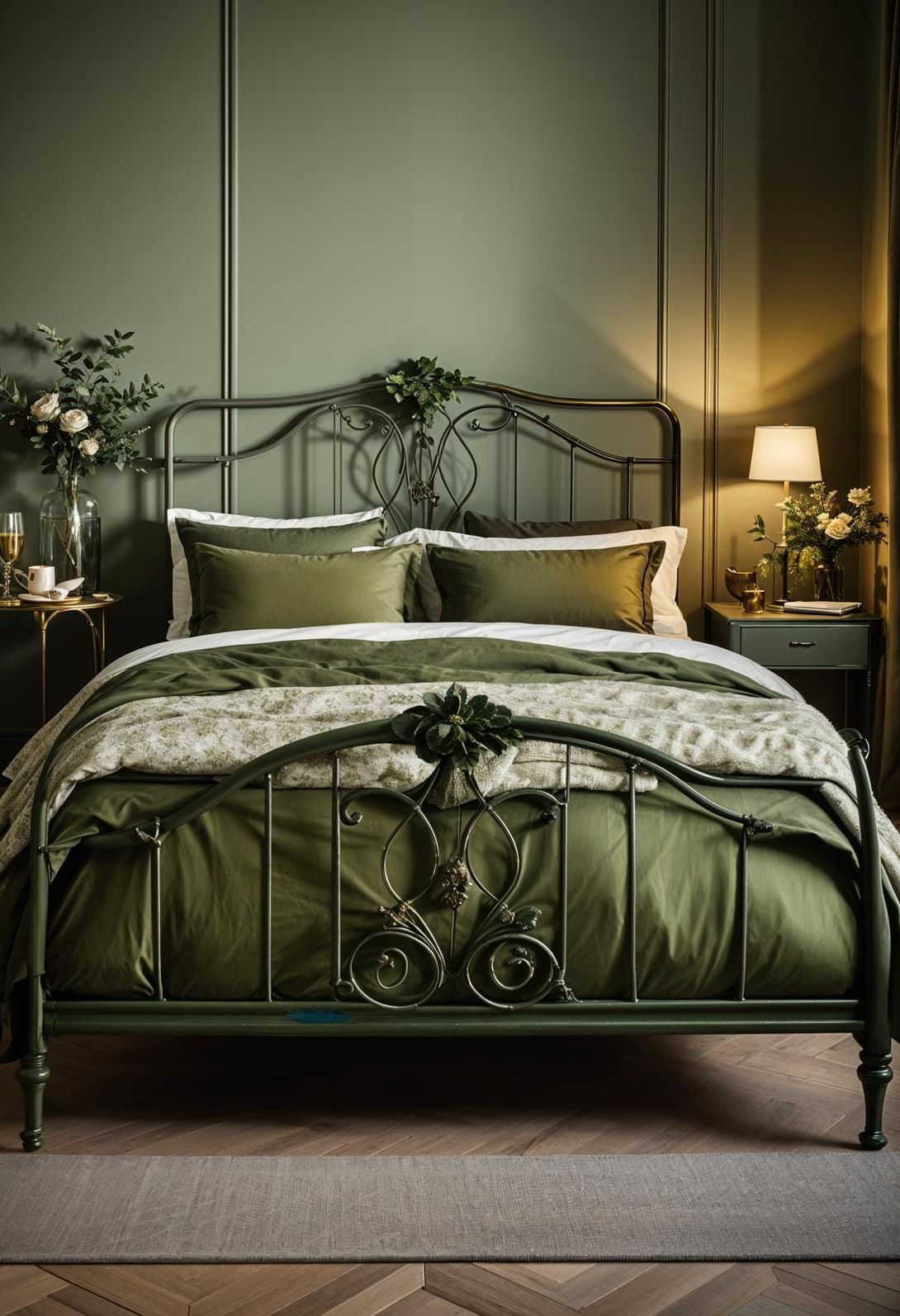 21. French Vintage Olive Green Bedroom with Iron Bedframes - photo 2