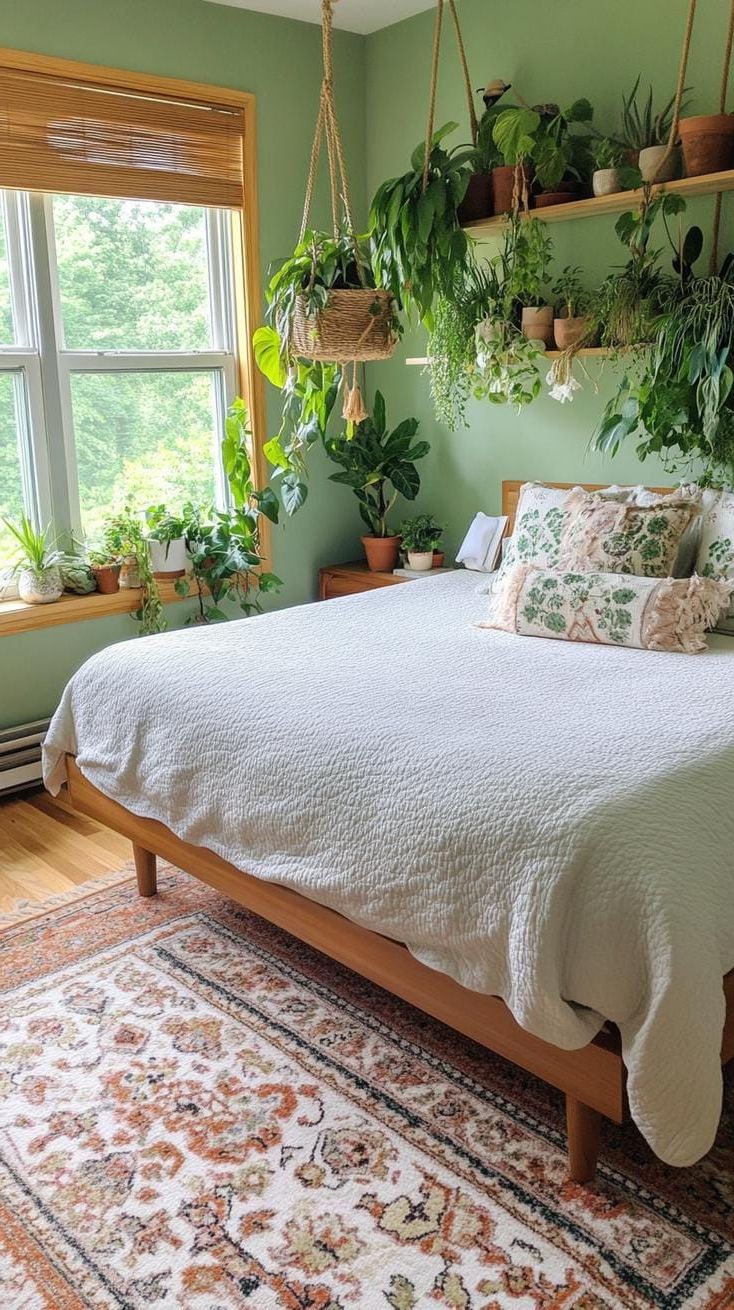 10. Urban Jungle Bedroom with Sage Green Paint and Indoor Plants