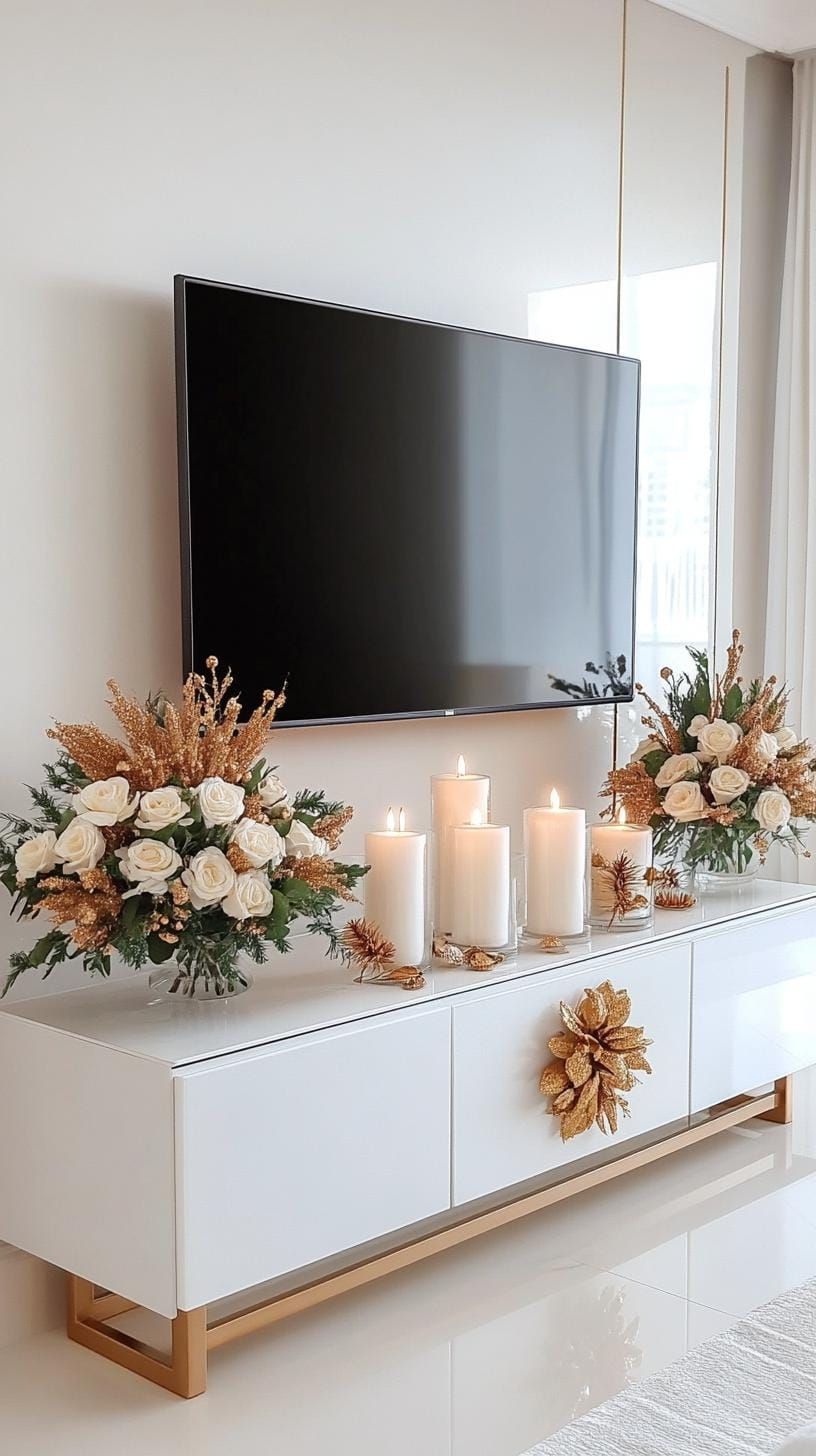 7. Mirrored TV stand with floating candles