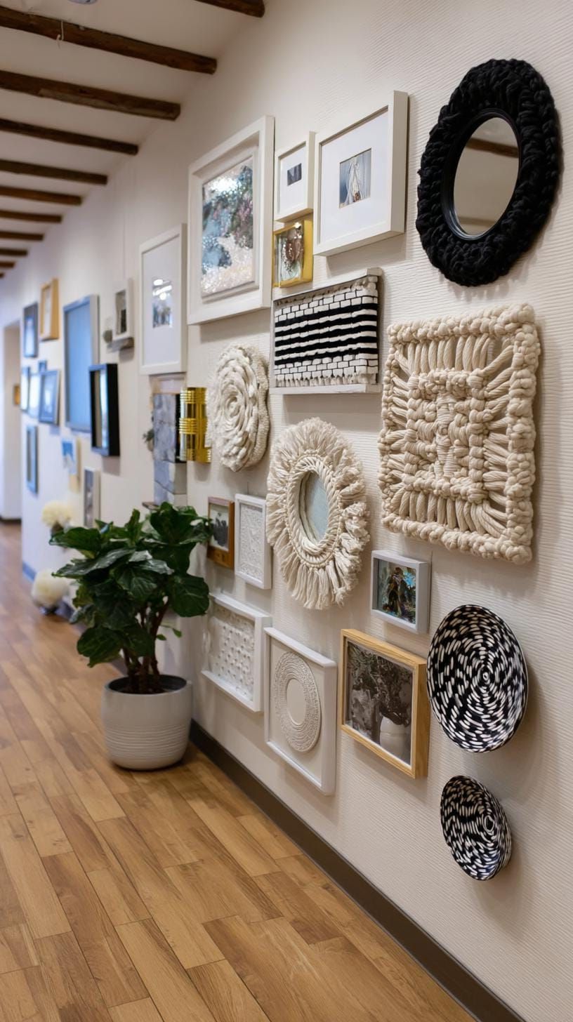 9. Eclectic Wall Mixing Canvas Mirrors and Macramé - photo 3