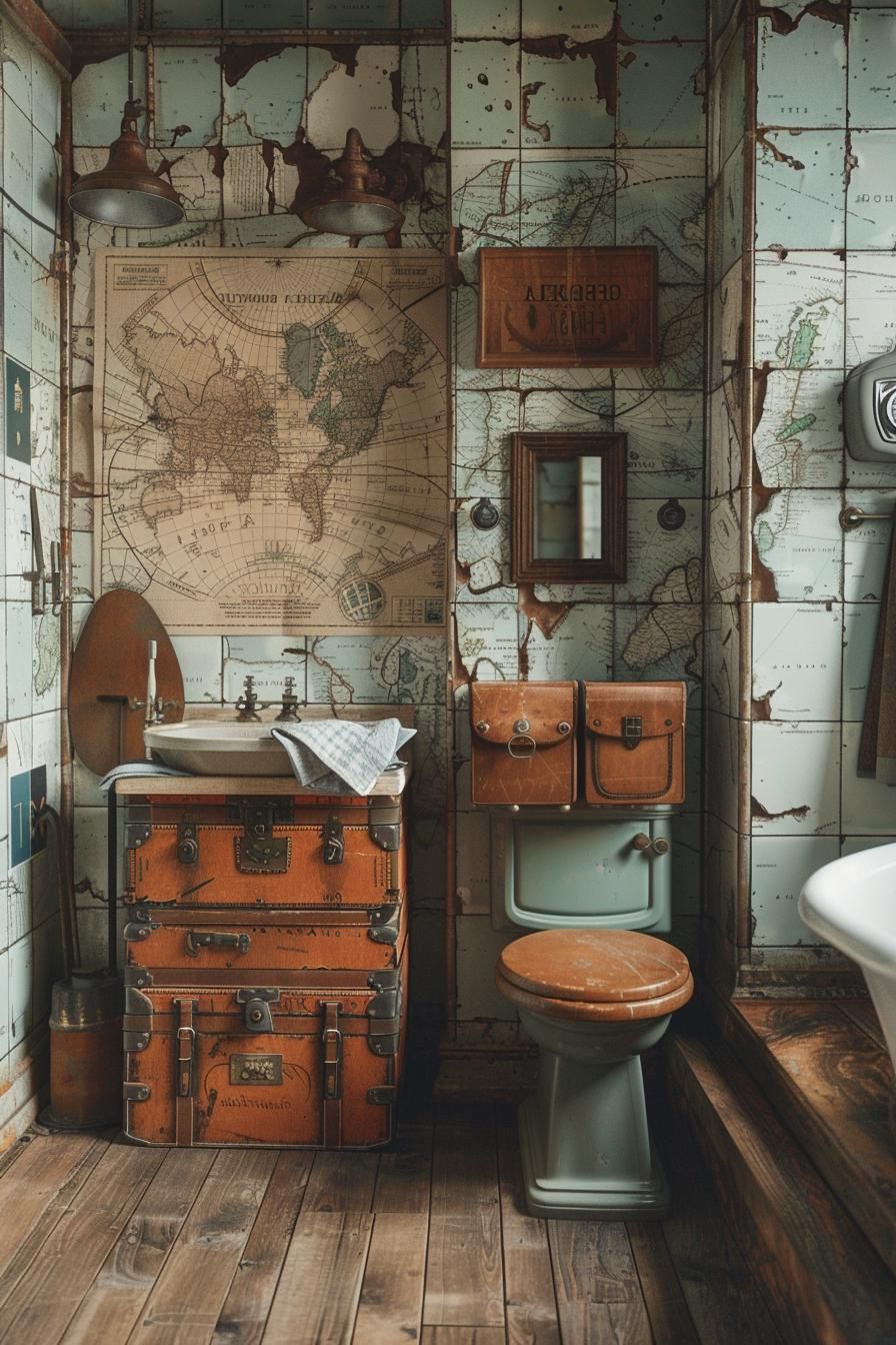 22. Explorer-Themed Bathroom With Maps and Suitcases