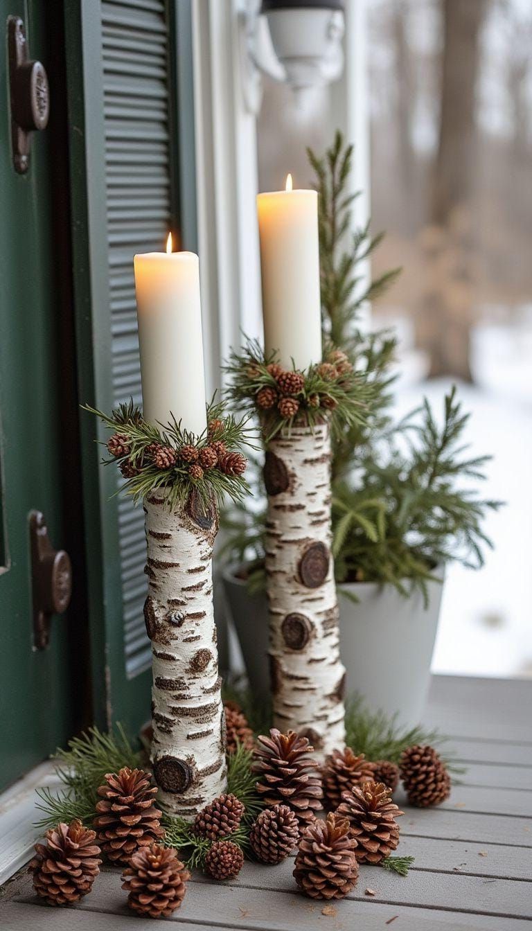 4. Rustic Birchwood Candle Holders Lined With Pinecones