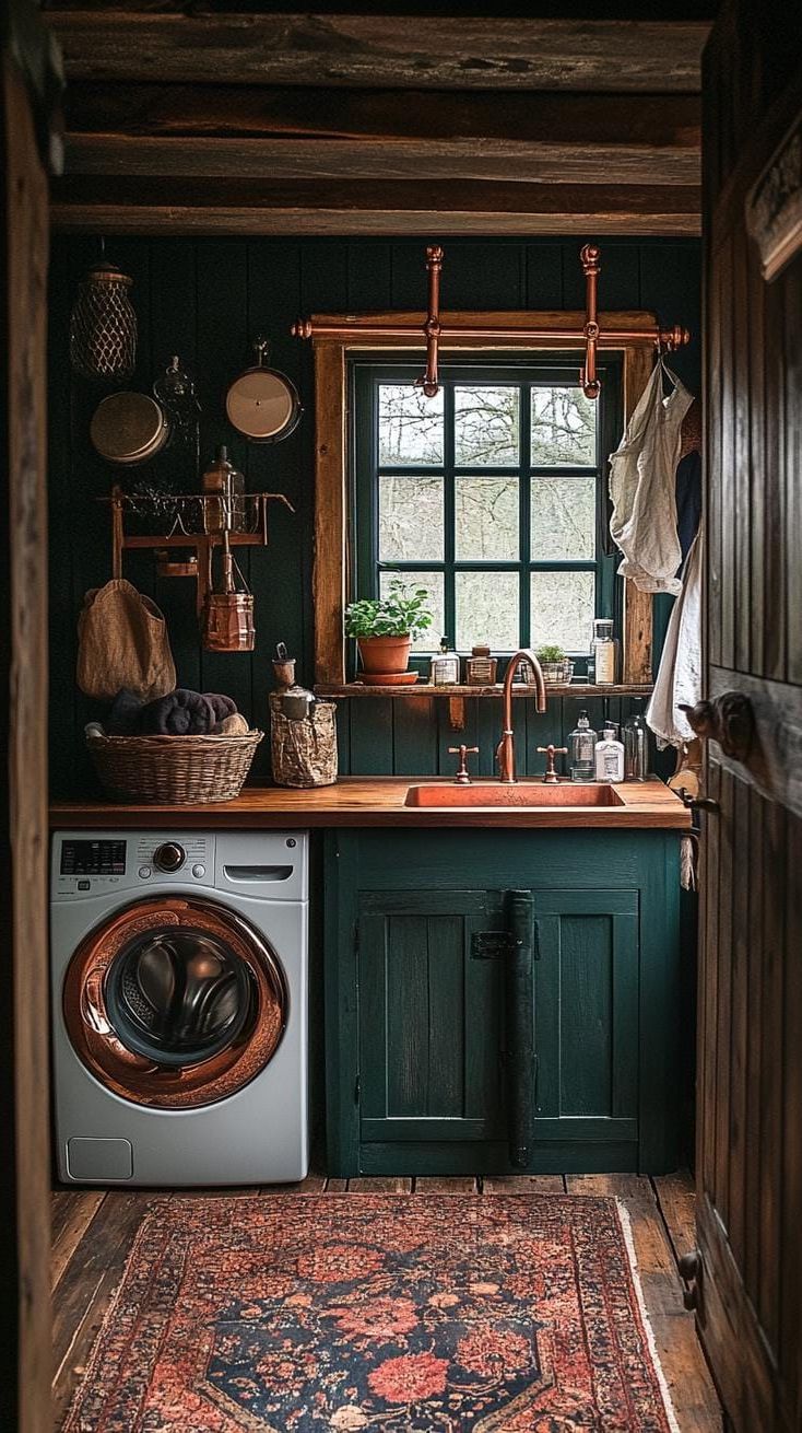 9. Moody dark teal walls paired with copper hanging rods