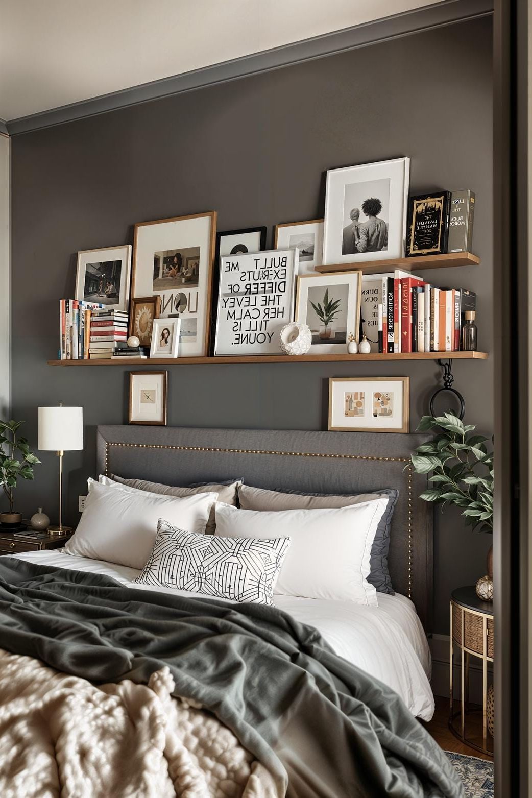 6. Floating bookshelves with framed art above bed - photo 2