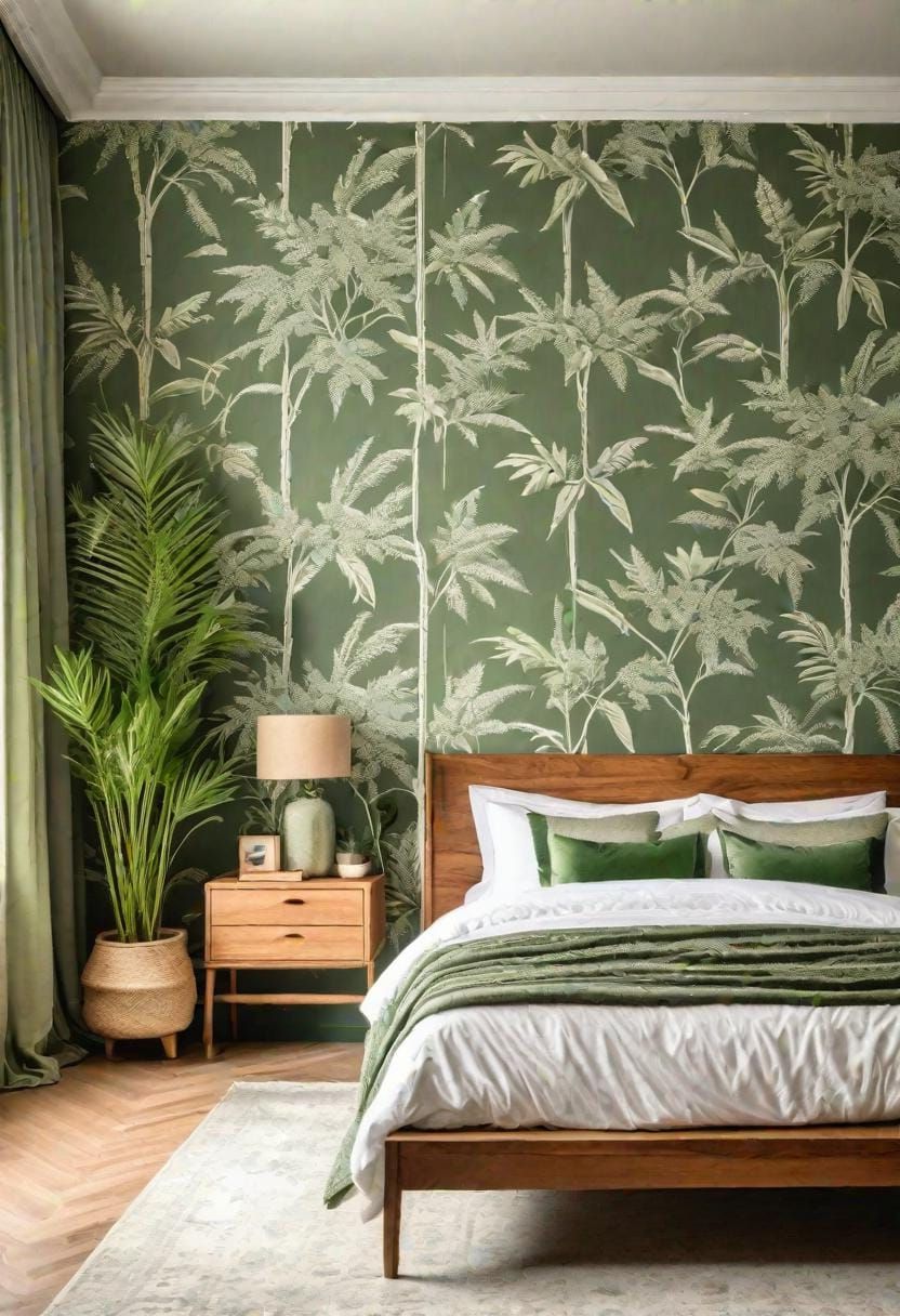 22. Botanical Bedroom Featuring Sage Green Wallpaper Prints