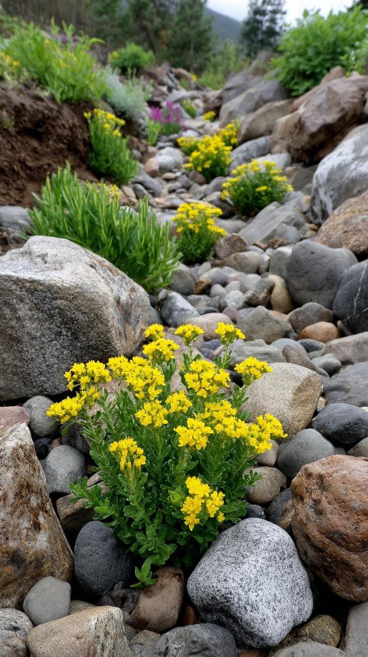 24. Golden Flowers Lining a Rocky Pathway