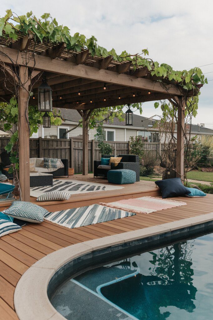 Shade Sails and Rugs for Poolside Comfort