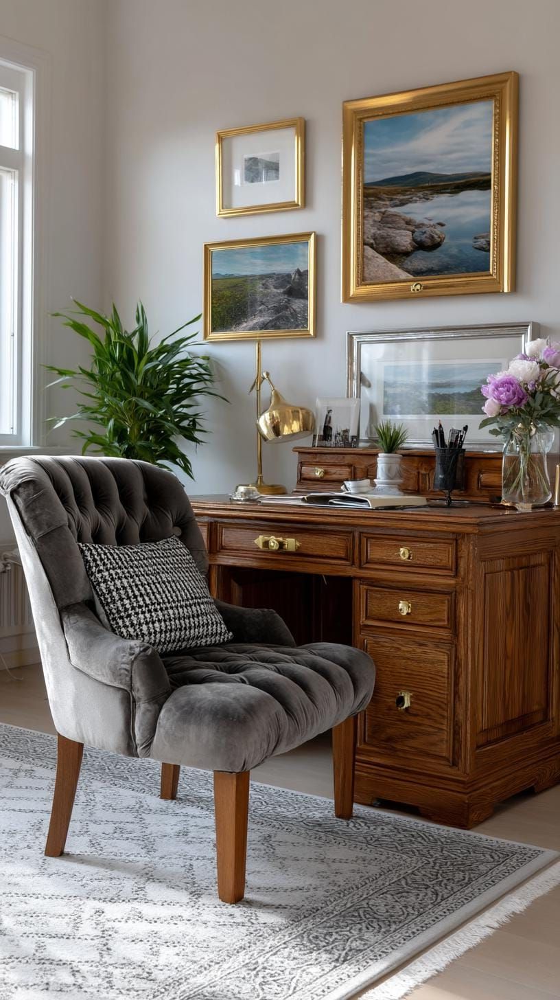 17. A cozy workspace with antique desk and art display - photo 3