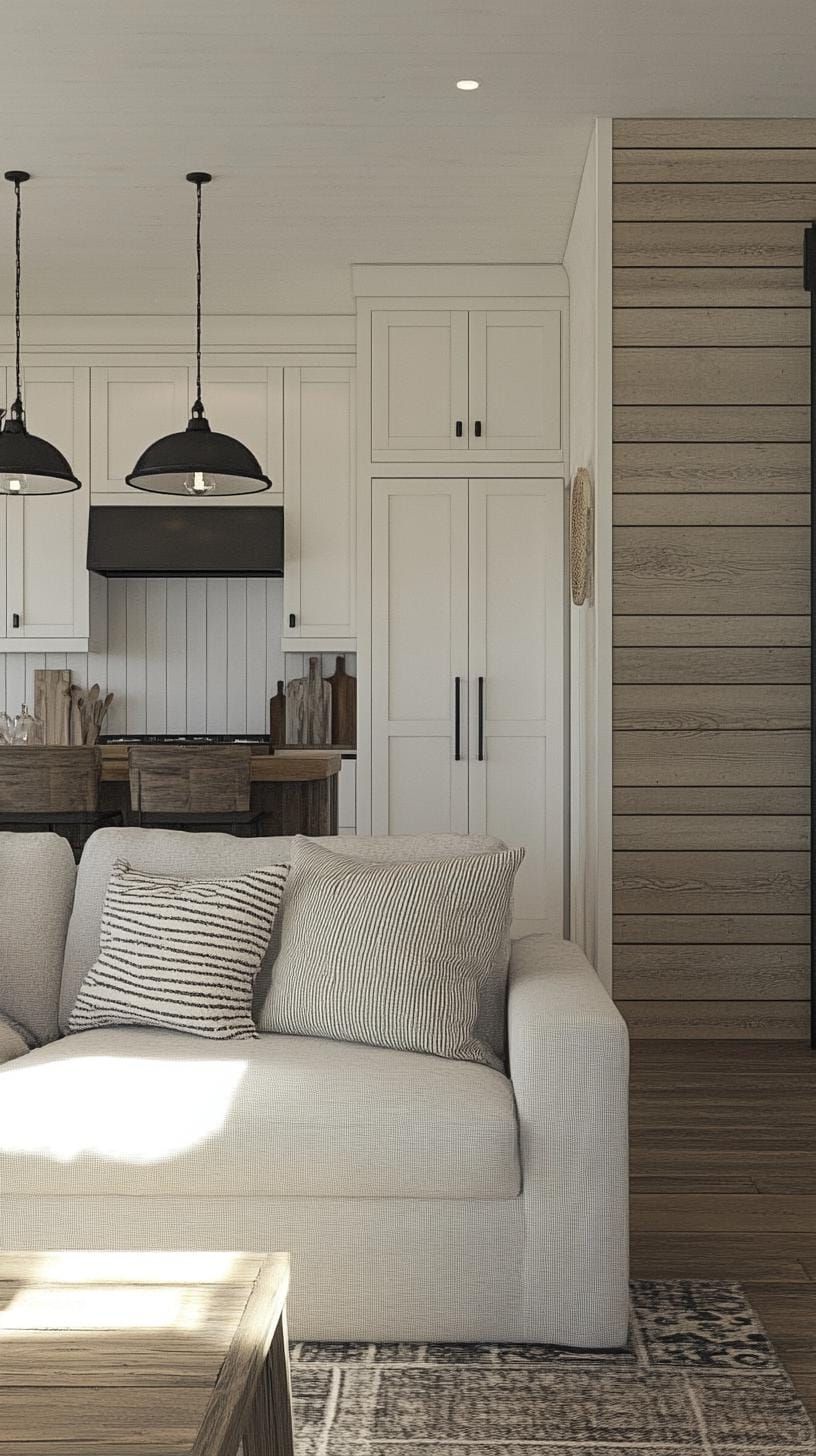 2. Neutral Wood and White Tones with Black Metal Details