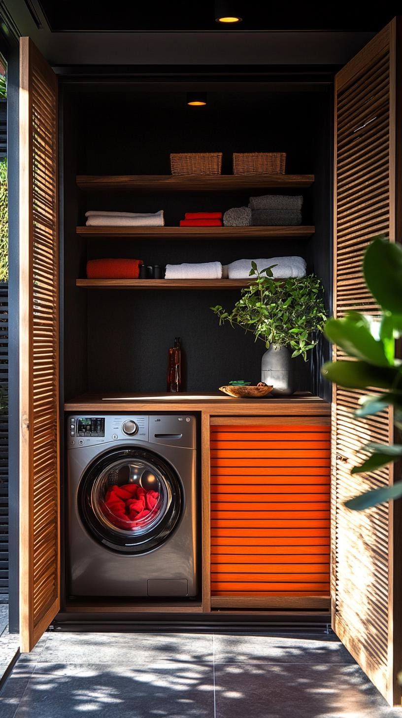 7. Hidden laundry closet behind sliding slatted wood doors - photo 2