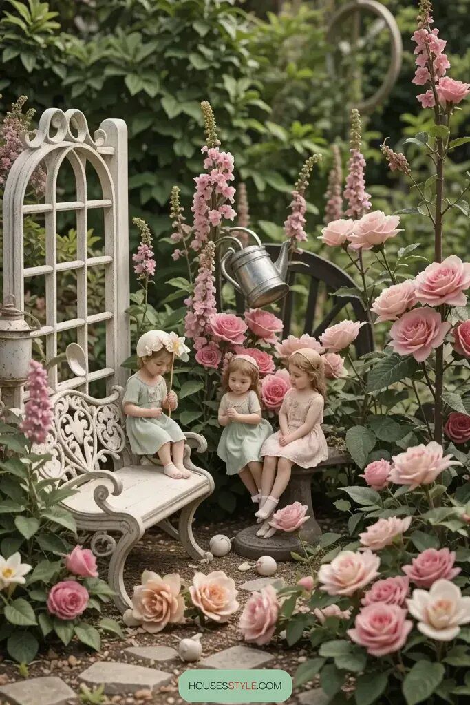 Cuddling Child Figurines Nestled in Flower Beds - photo 2