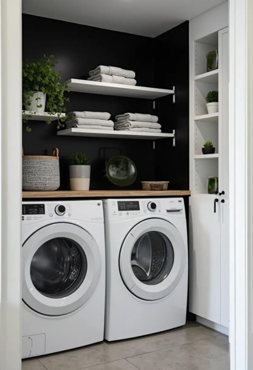 3. Modern black accent wall with floating shelves for linens - photo 2