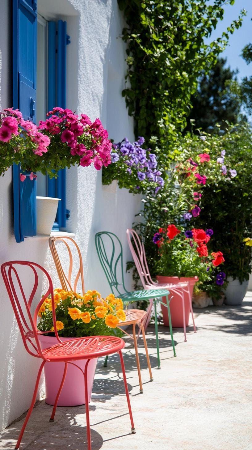 28. Painted Metal Chairs Holding Potted Blooms - photo 2