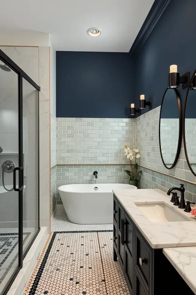 Sage And Blue Bathrooms With Black And White - photo 2