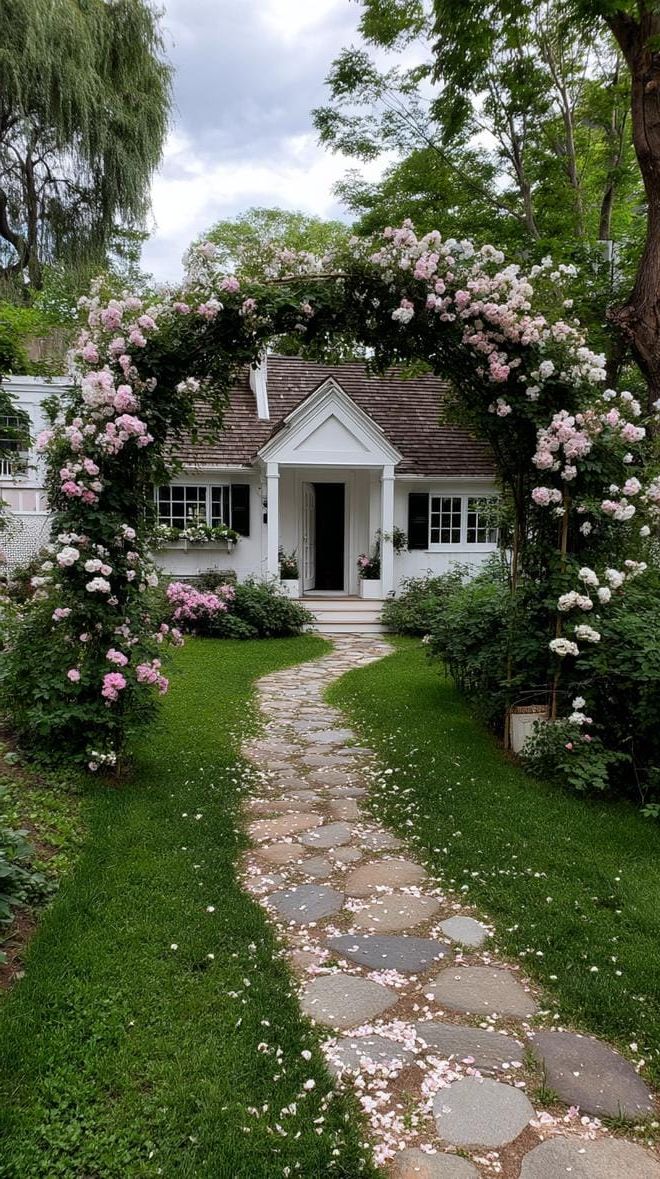 18. An Archway Leading Into a Lush Backyard