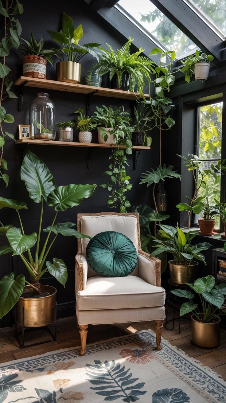 7. Botanical She Shed with Black Walls and Plant Shelves