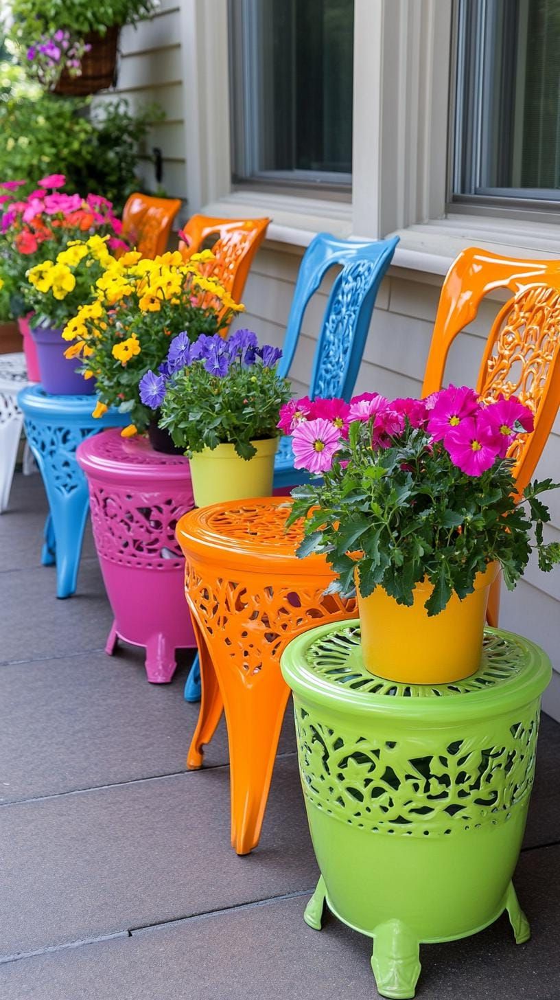 28. Painted Metal Chairs Holding Potted Blooms
