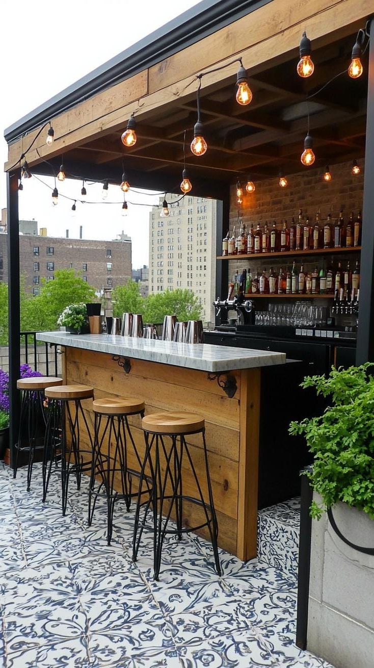 25. Outdoor Bar Patio with Pergola and Tile Floor