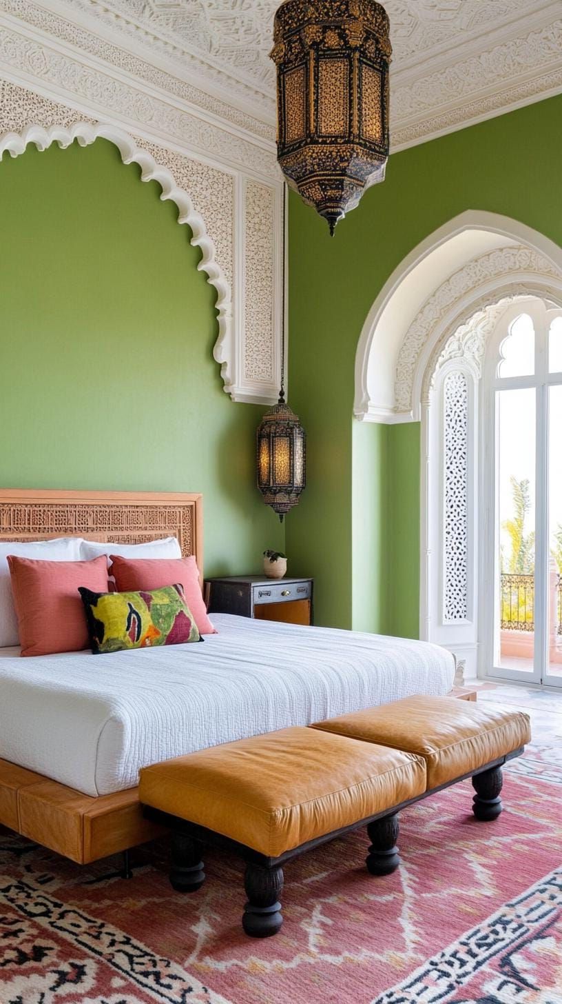 23. Moroccan Olive Green Bedroom with Lanterns and Beading - photo 2