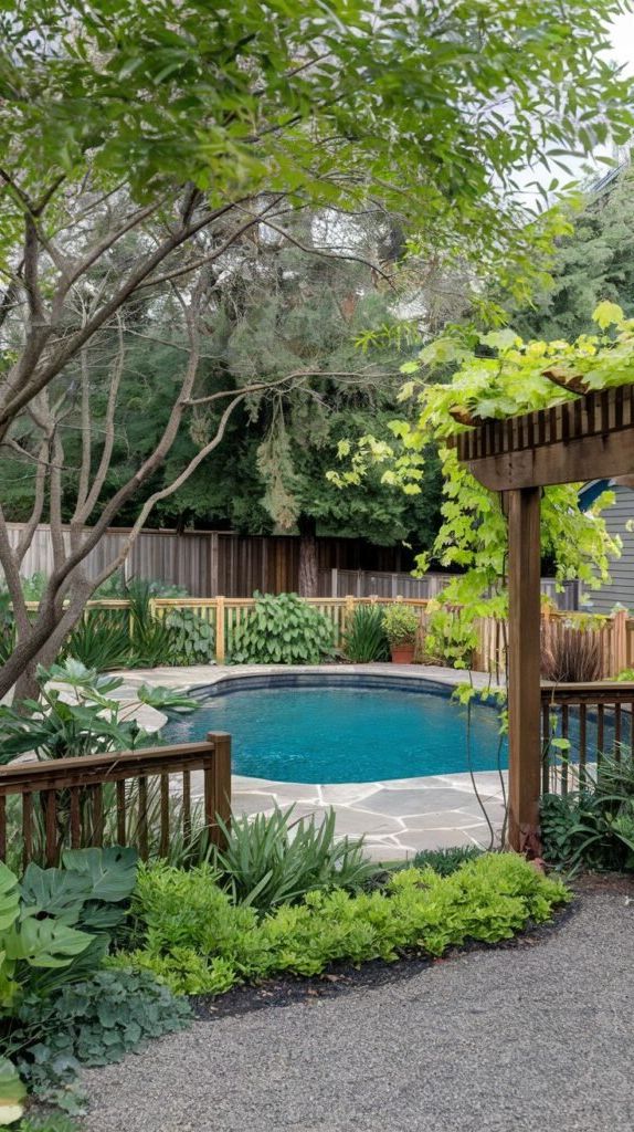 5. Stone-Paved Pool Deck Under a Vine-Covered Pergola