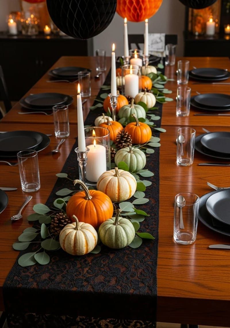 8. Black Lace Runners with Mini Pumpkins