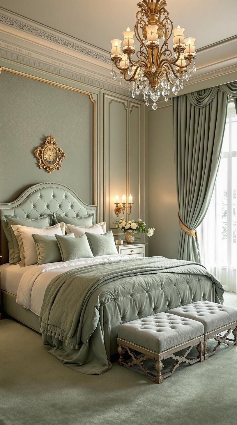 16. Luxurious Bedroom with Sage Green Carpet and Chandeliers