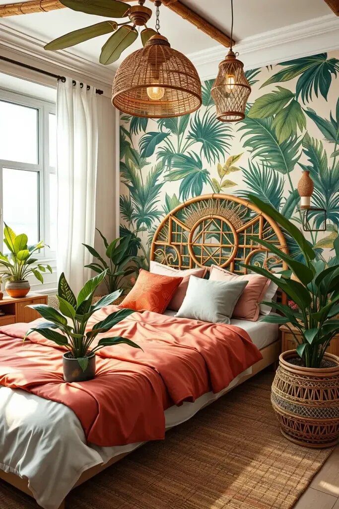 Tropical Green and Coral Bedroom Ideas