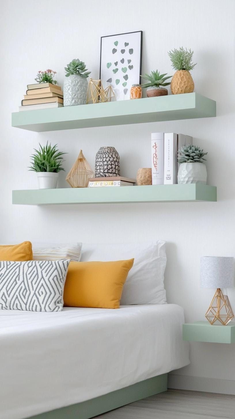 17. Minimalist Bedroom with Floating Sage Green Shelves