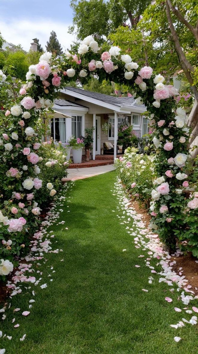 28. A Romantic Floral Arch Set Among Rosebush Hedges
