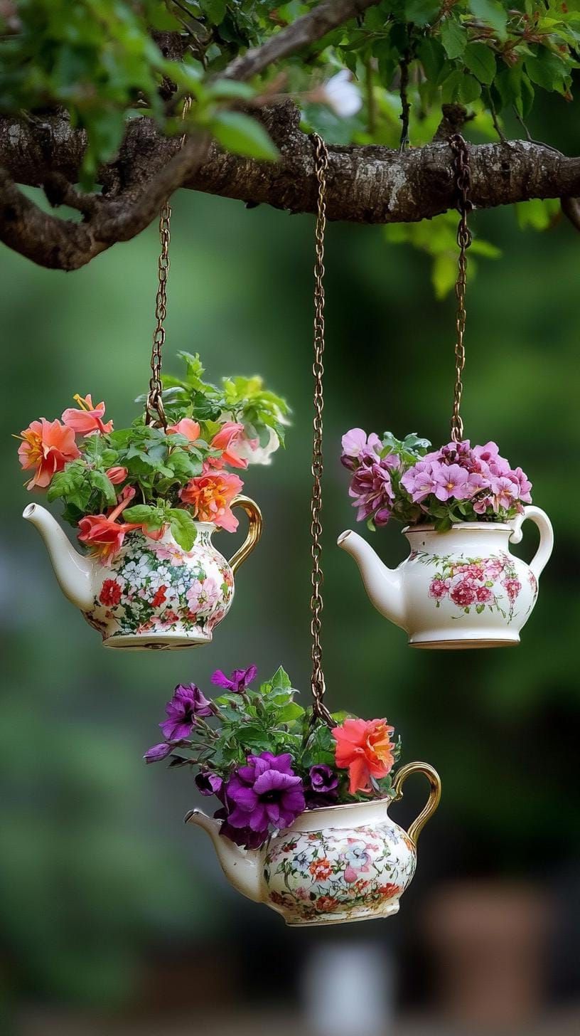 4. Hang Teapots Overflowing With Blooms