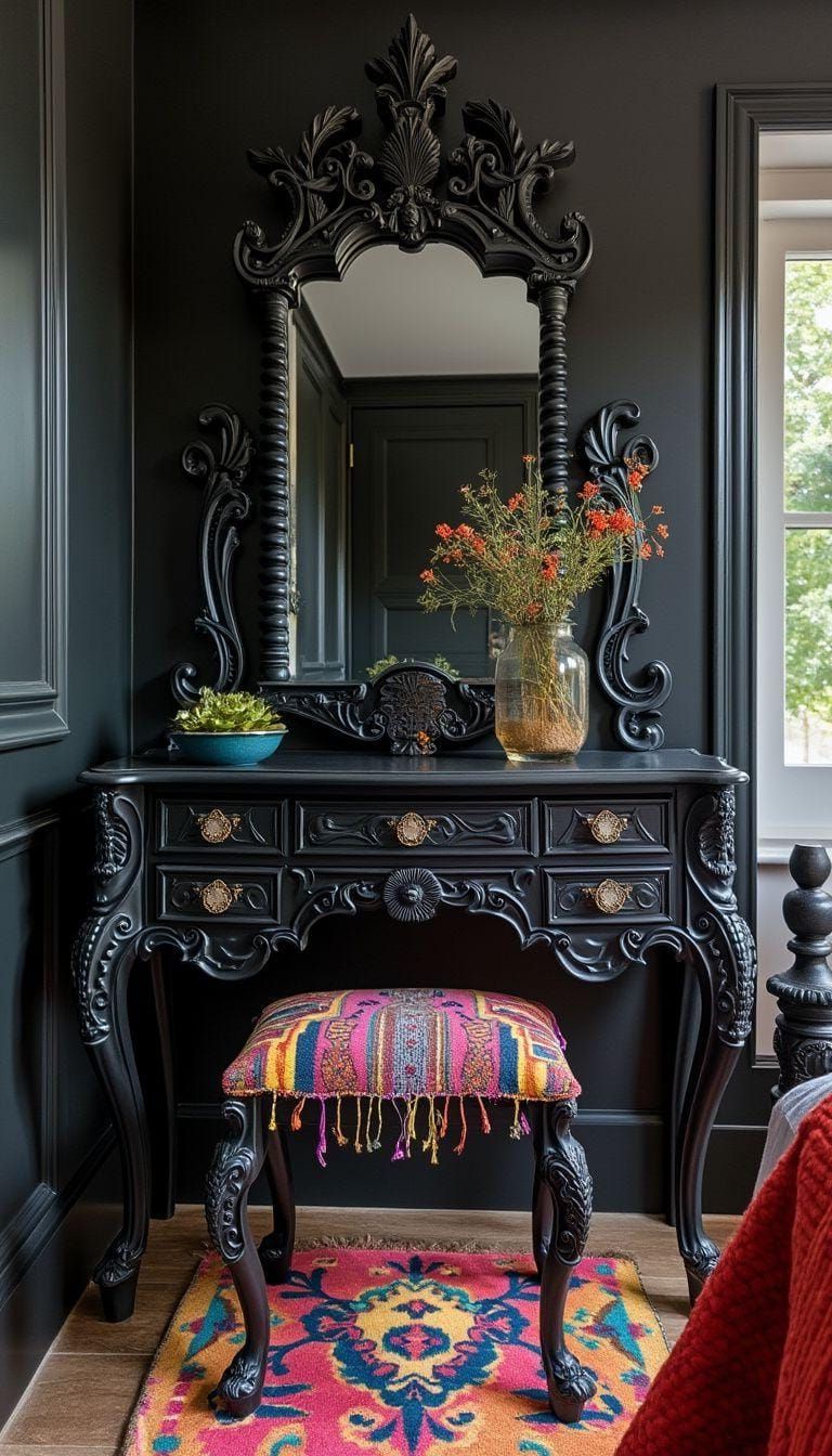15. Black-Painted Baroque Vanity With Colorful Woven Cushions