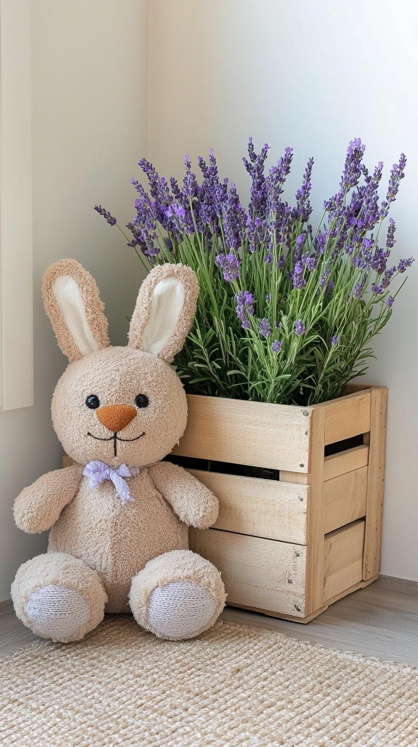 21. Lavender And Plush Bunny In A Wooden Crate