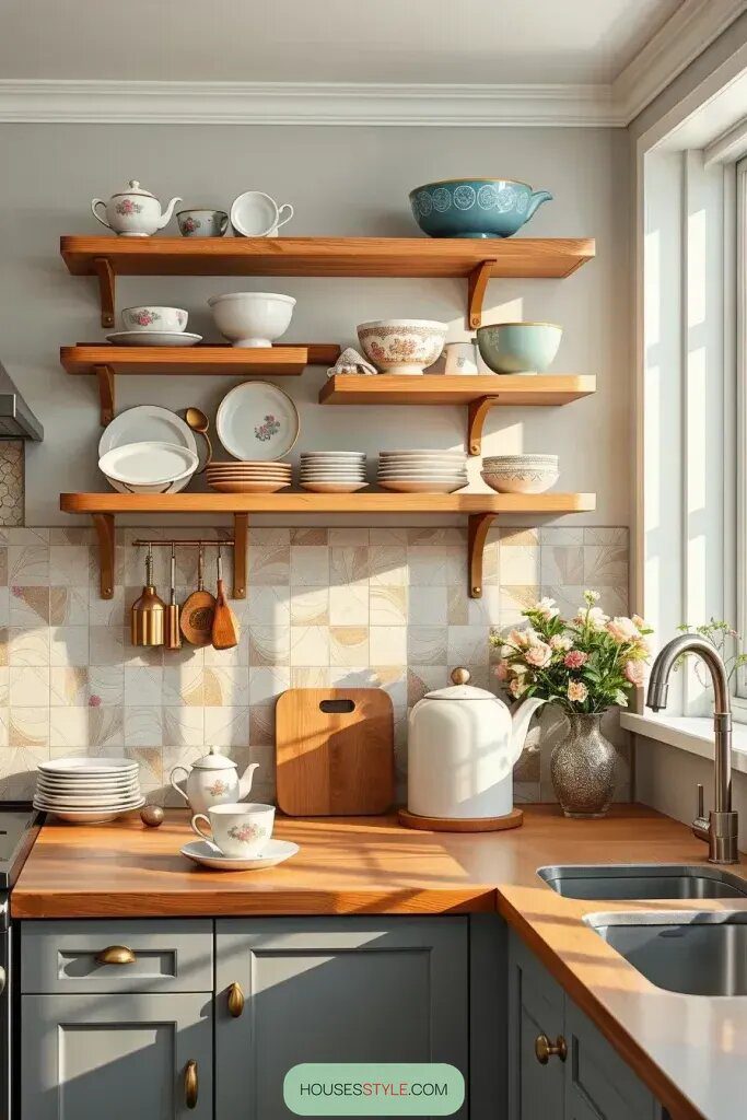 Vintage Dinnerware for Charming Open Shelving