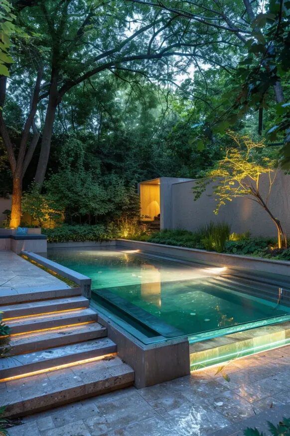 1. A Cozy Semi Inground Pool Surrounded by Greenery and Soft Lighting