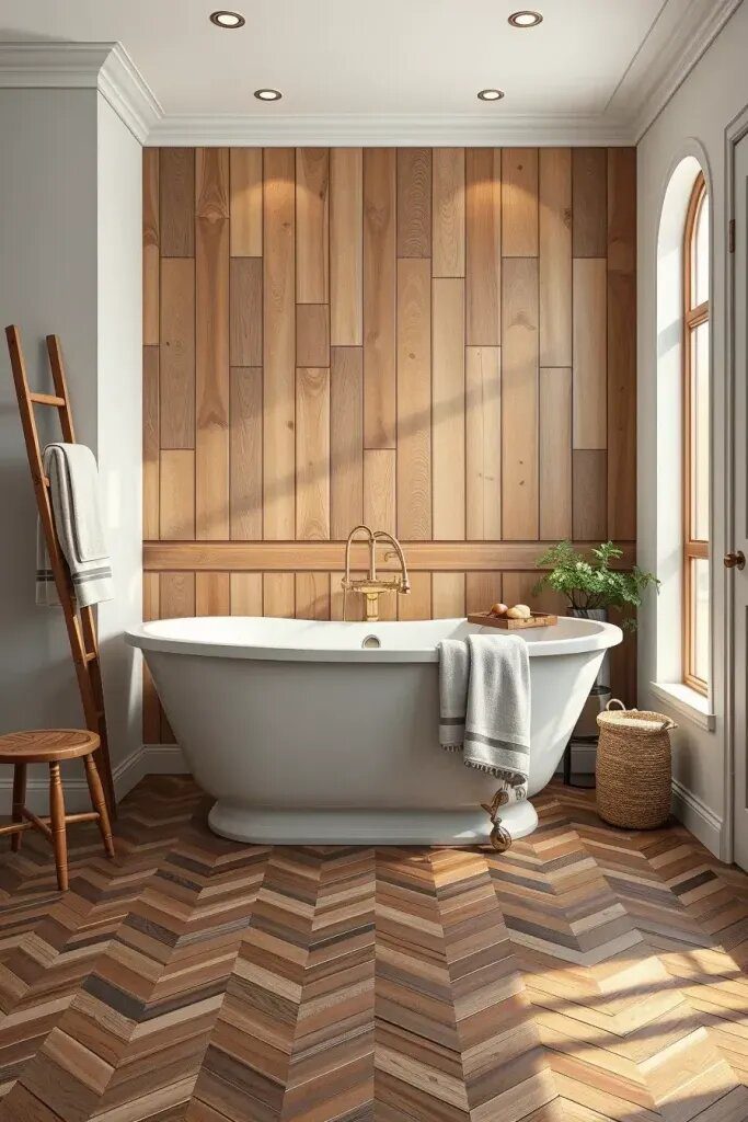 Wood Tile Accents Around a Freestanding Tub