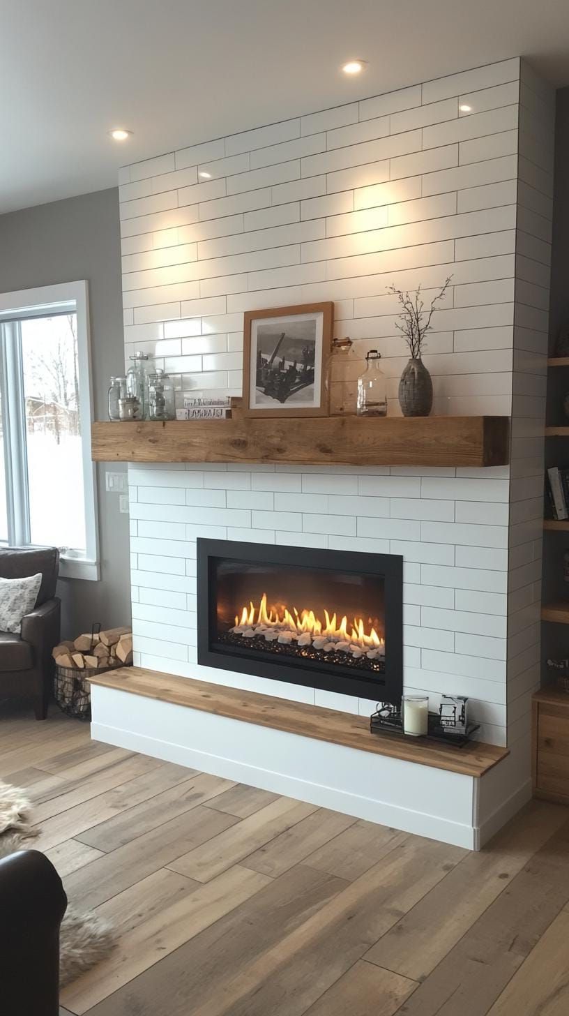 2. Minimalist white linear fireplace with floating wooden mantel shelves - photo 2