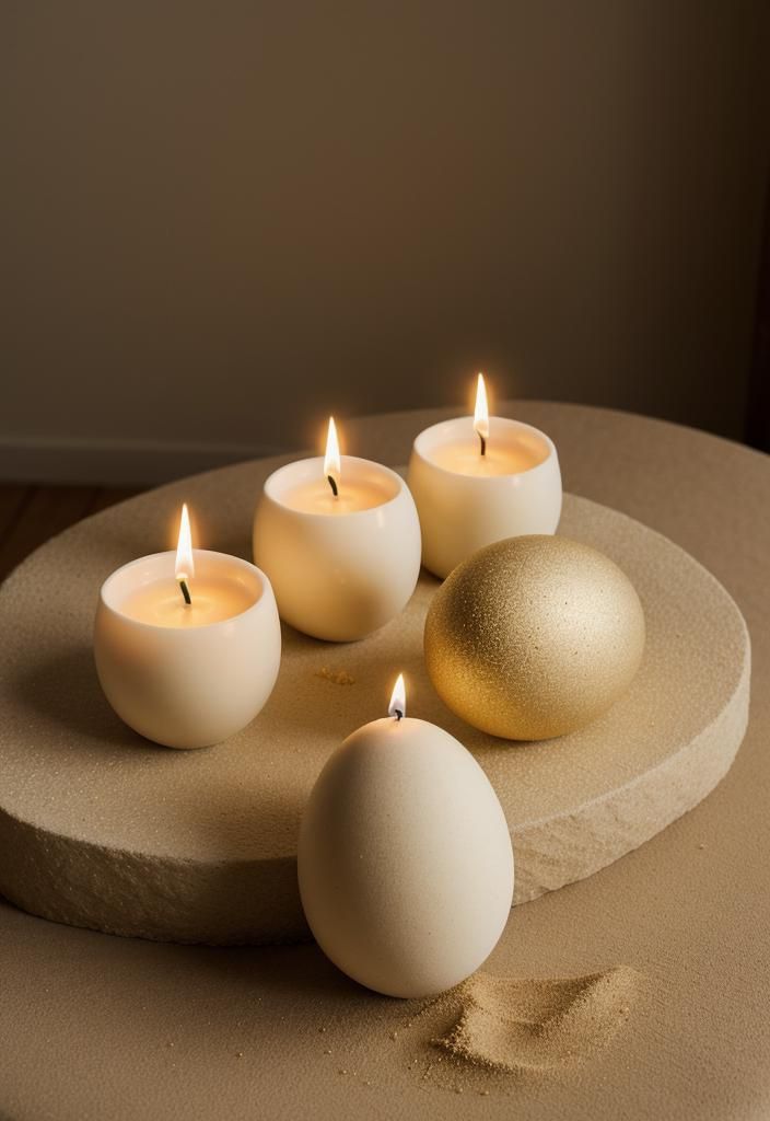 9. Sand-Toned Easter Egg Candle Decor