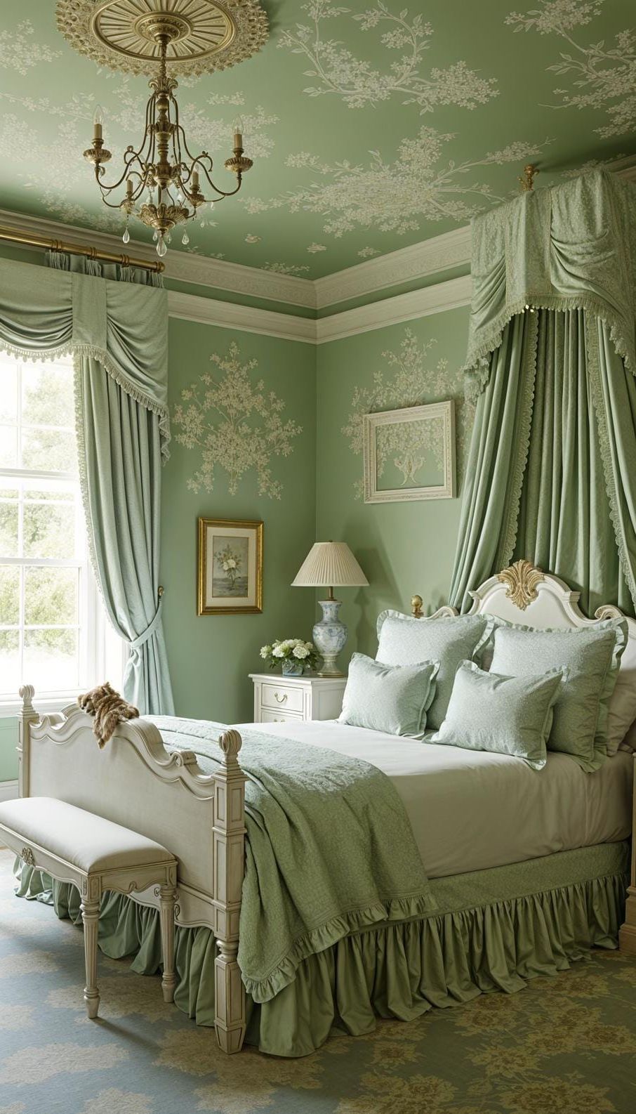 11. French Country Bedroom with Sage Green Toile and Whitewashed Wood - photo 4