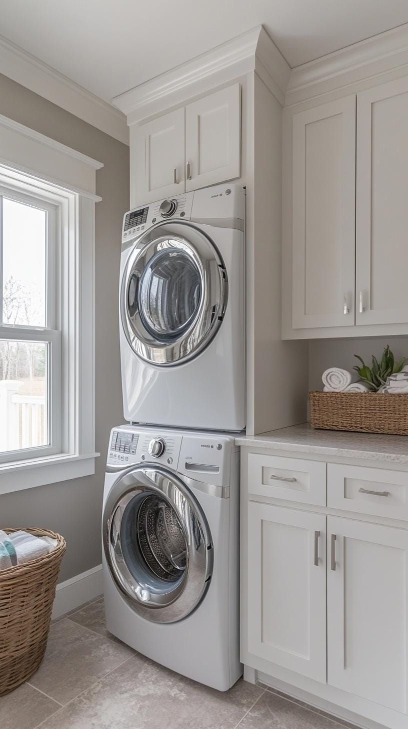 5. Floor-to-ceiling white cabinetry with integrated washer-dryer columns