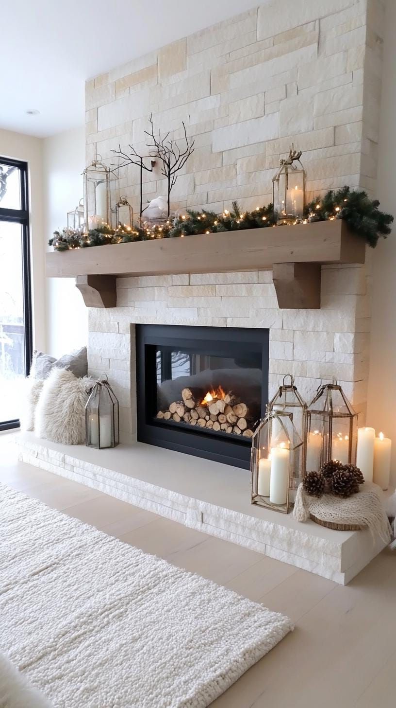 19. Fireplace styling with birch logs and lanterns - photo 2