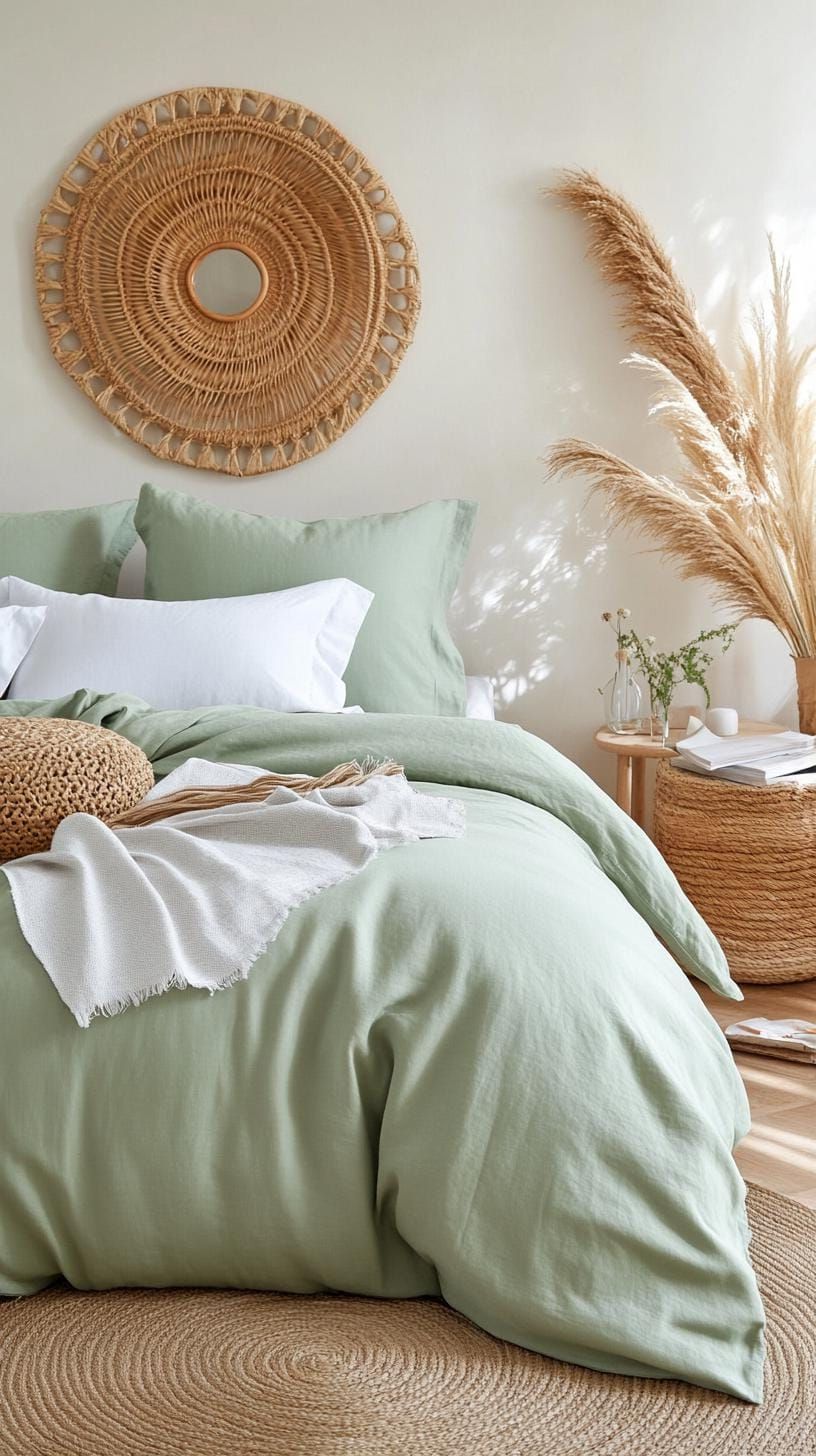 7. Sage green bedspread for dorm-style calm