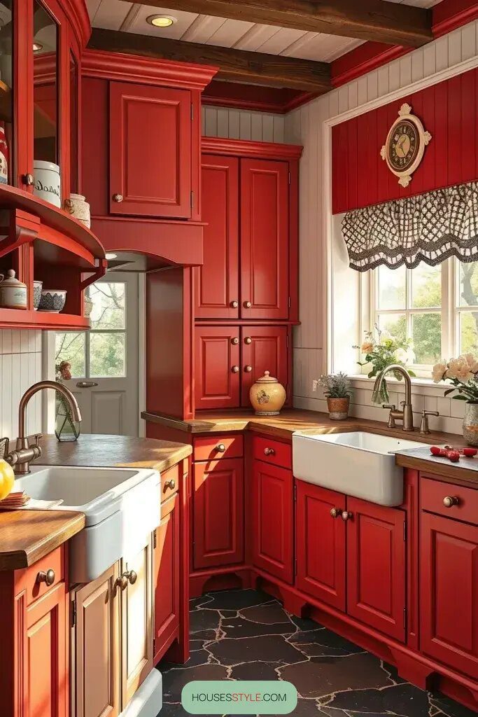 Deep Red Cabinets for Rustic Kitchen Style