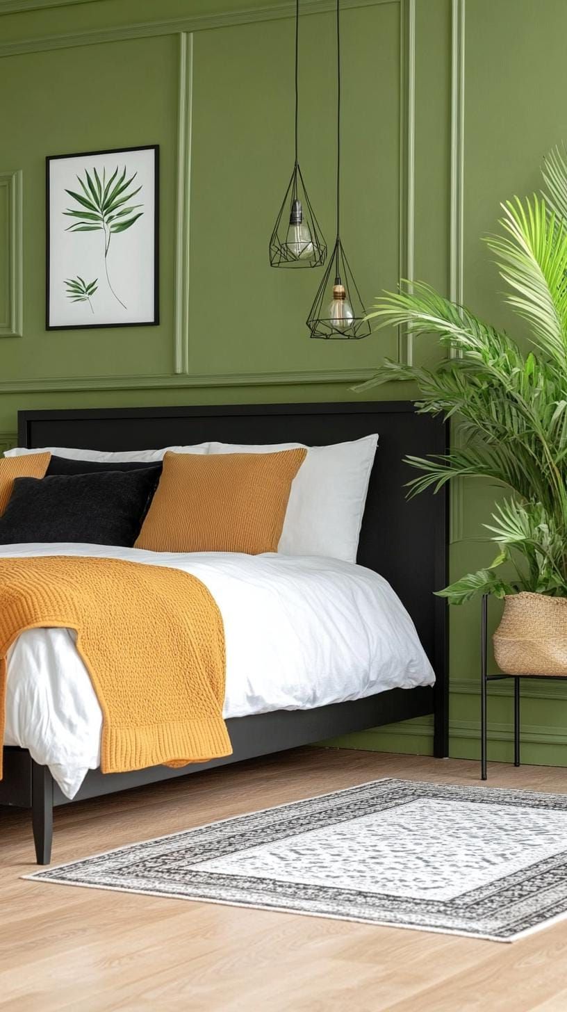 20. Olive Green and Black Minimalist Bedroom - photo 3