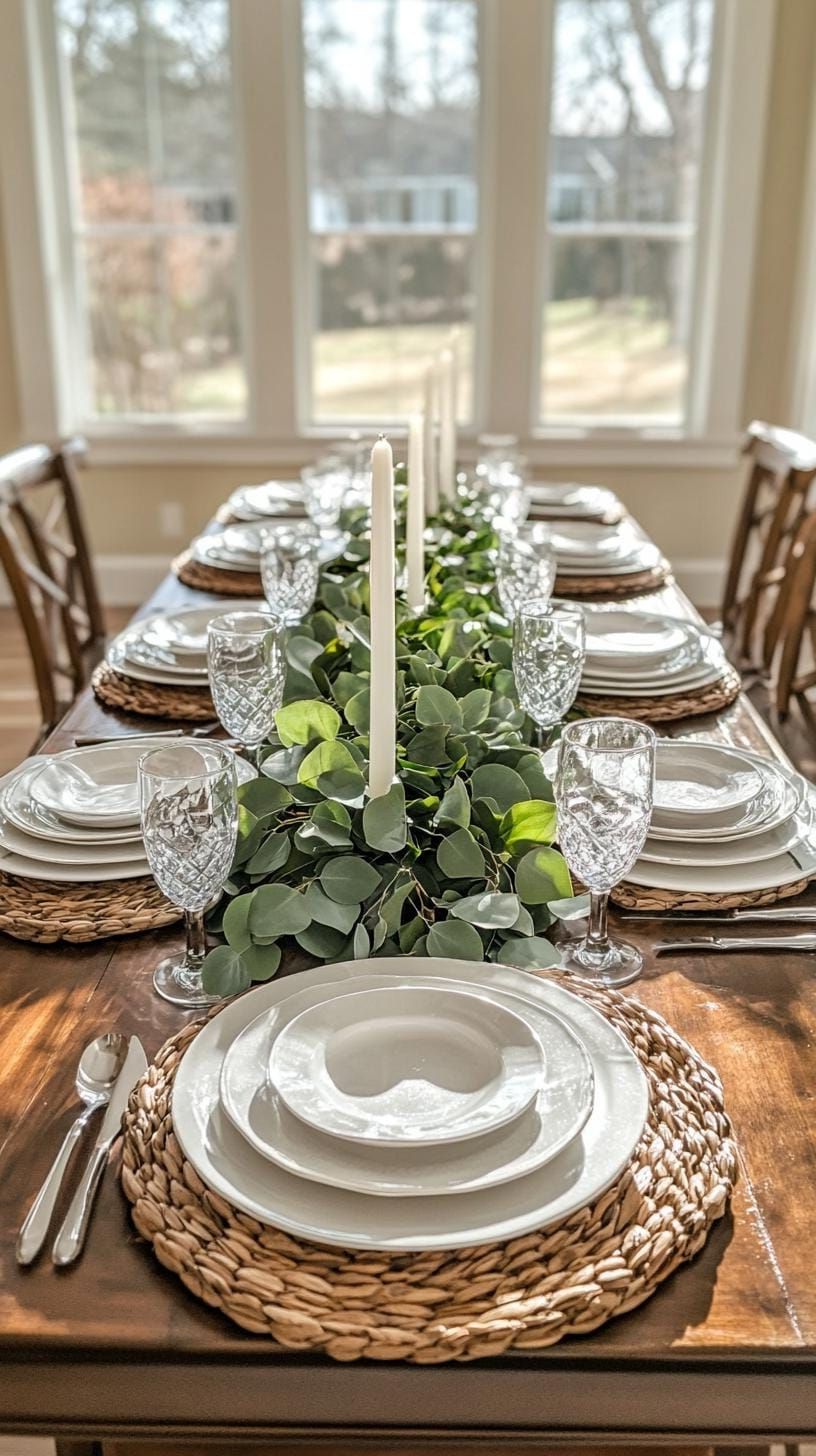 4. Eucalyptus Garland Centerpiece With White Taper Candles