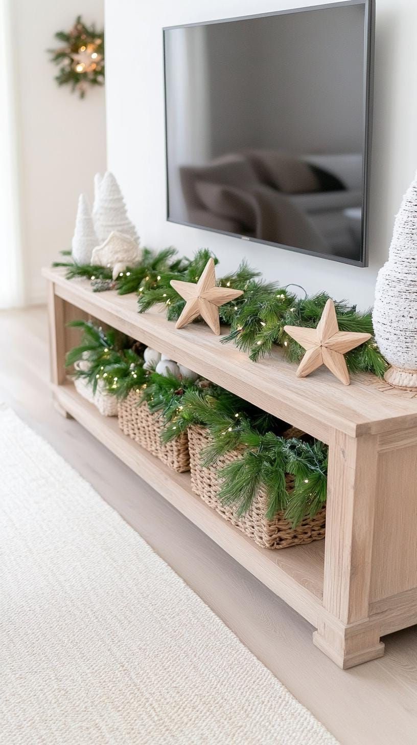 2. Rustic farmhouse TV stand accented with greenery
